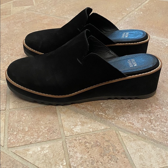 Eileen Fisher Mules Womens Size 9.5 Black Loti Suede Nubuck Clogs Shoes Wedge - Picture 2 of 4